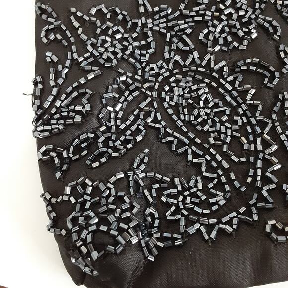 Vintage 80s Black Beaded Micro Crossbody Union Made Snap Closure Evening Wear - Picture 5 of 13